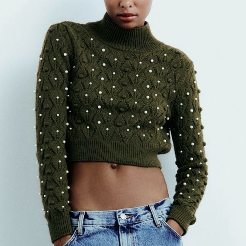 Zara GREEN OPEN BACK KNIT SWEATER WITH PEARLS